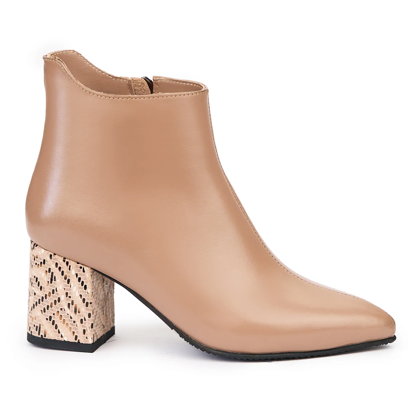 Botine dama din piele naturala bej cu toc gros 6.5 cm 14501