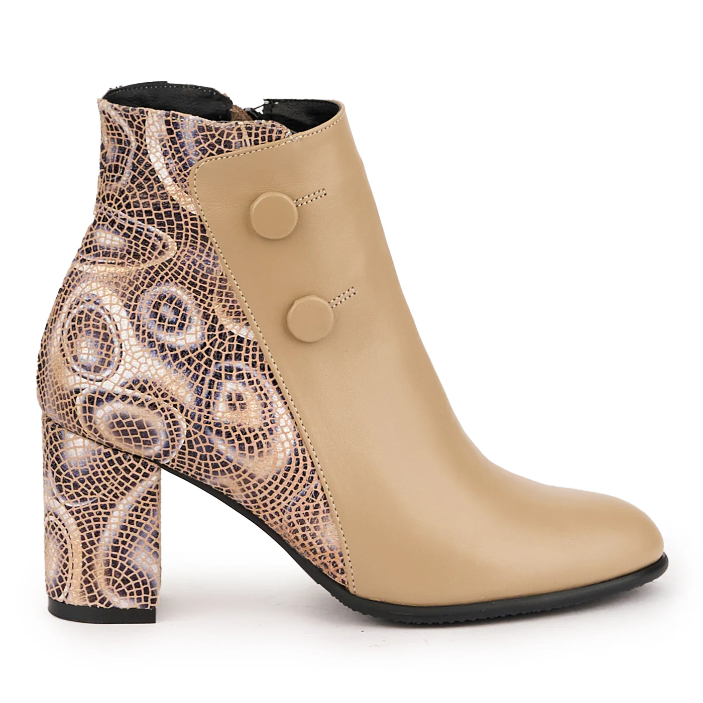 Botine dama din piele naturala bej cu toc gros 7.5 cm 16700