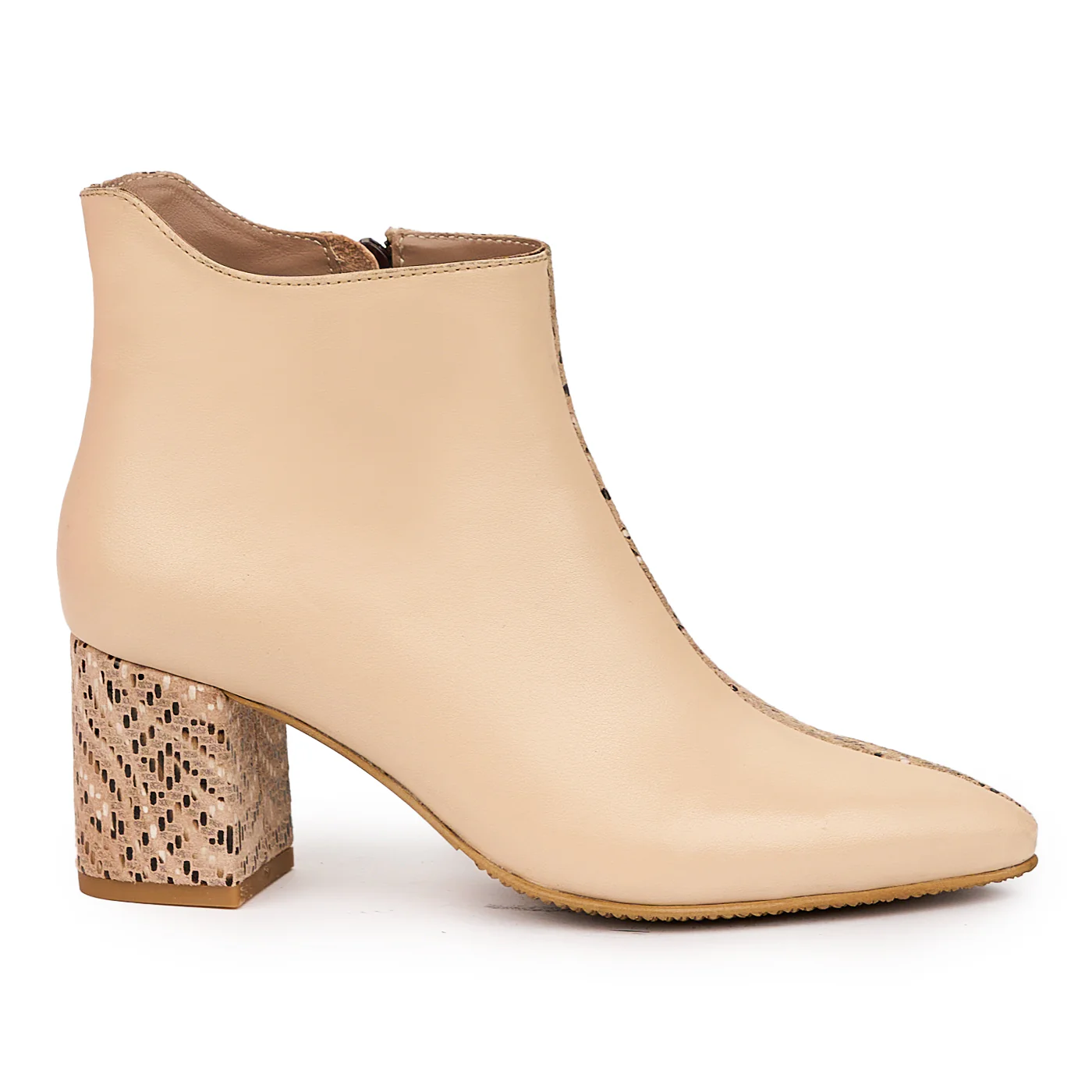Botine dama din piele naturala bej cu toc gros 7 cm 14444