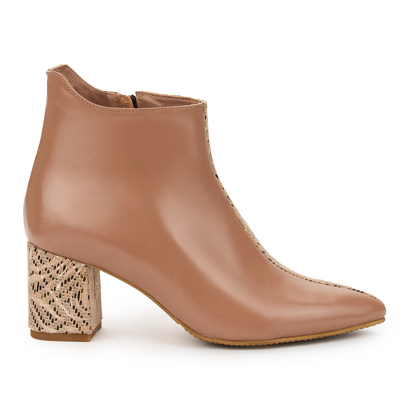 Botine dama din piele naturala bej cu toc gros 7 cm 14885