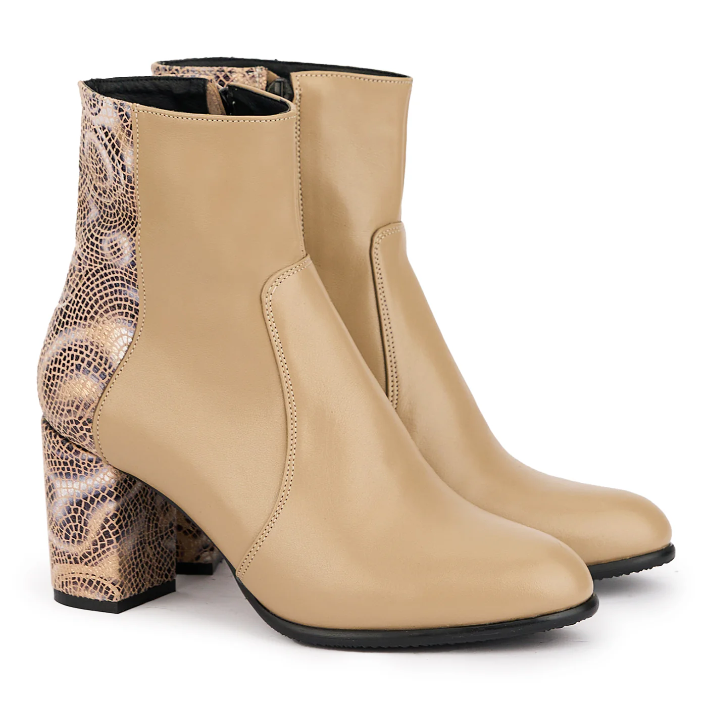 Botine dama din piele naturala bej + multicolor cu toc gros 7.5 cm 16946 - Image 4