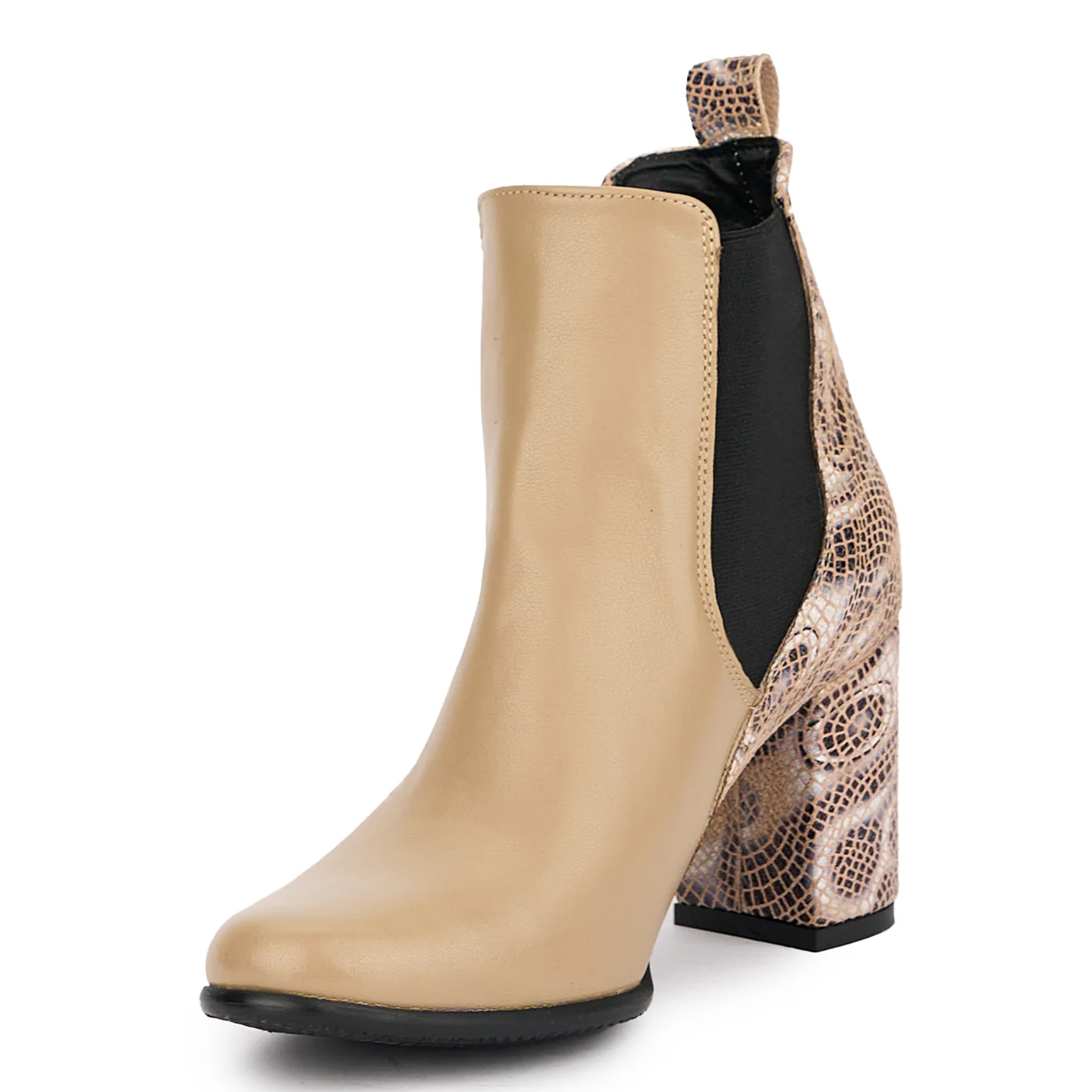 Botine dama din piele naturala bej + multicolor cu toc gros 7 cm 17037 - Image 3