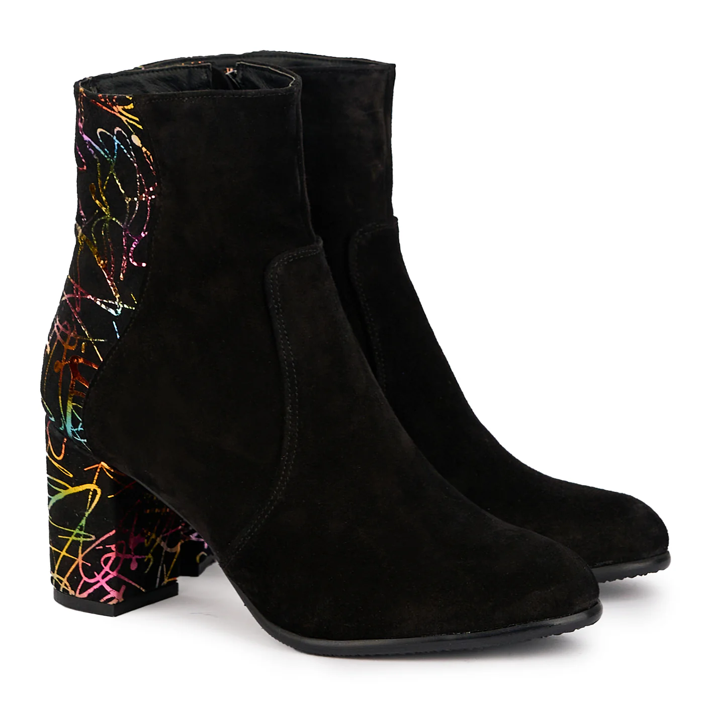 Botine dama din piele naturala neagra + multicolor cu toc gros 7.5 cm 16947 - Image 4
