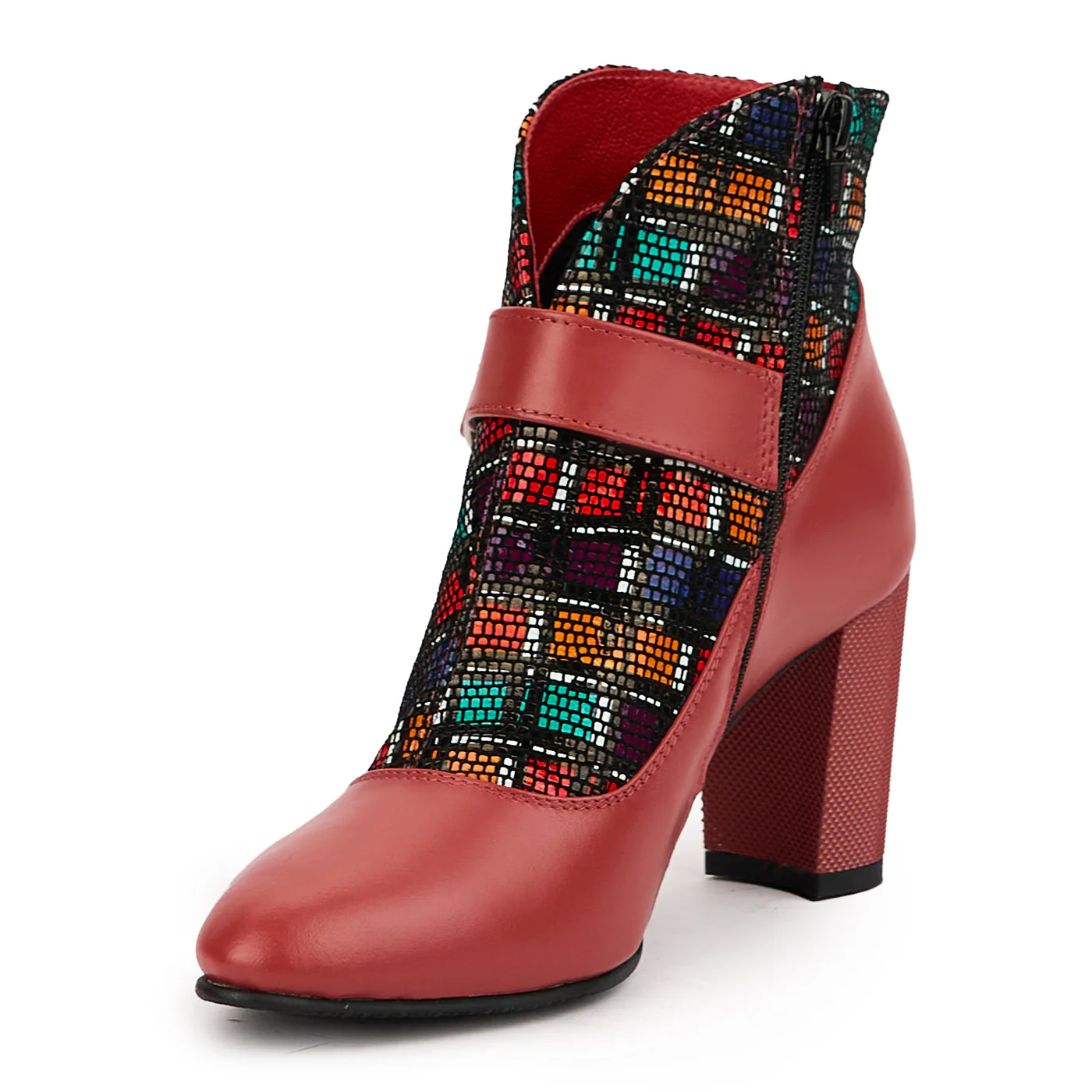 Botine dama din piele naturala rosie cu toc gros 7.5 cm 14628 - Image 3