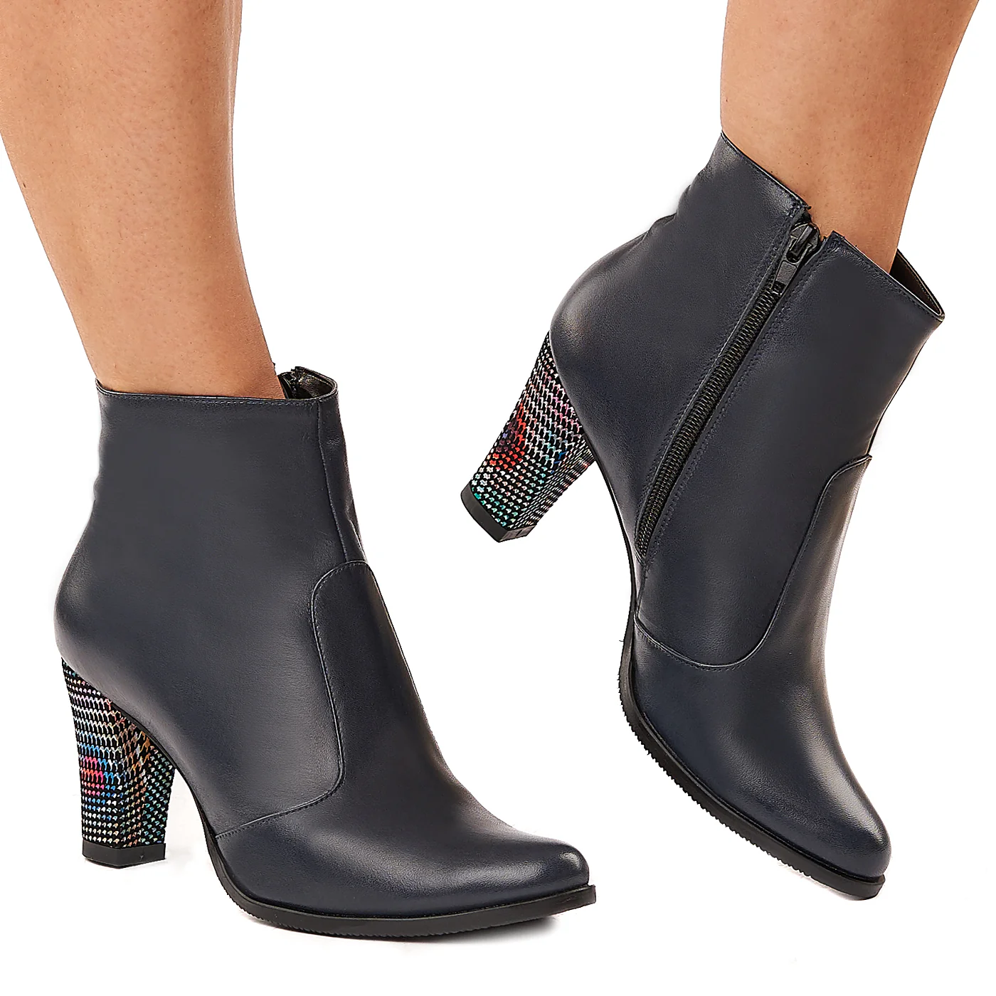 Botine bleumarin din piele naturala cu toc colorat 6016 - Image 2