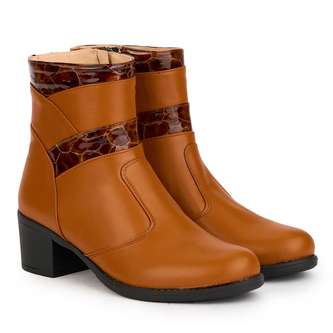 Ghete dama din piele naturala maro-cogniac cu toc 5 cm 17279 - Image 4
