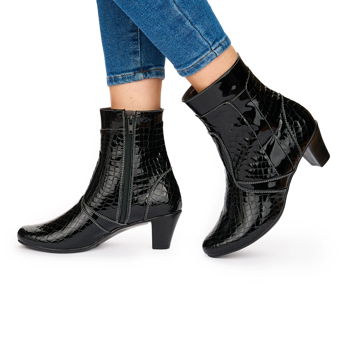 Ghete Dama Negre Lacuite din Piele cu Toc 6 Cm Casual 10819 - Image 3
