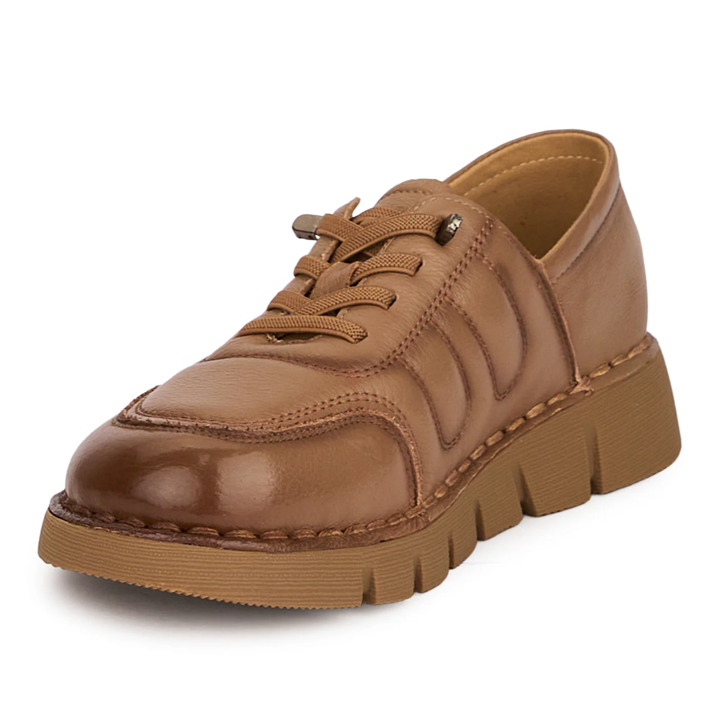Pantofi casual dama din piele naturala bej cu siret elastic 18721 - Image 3