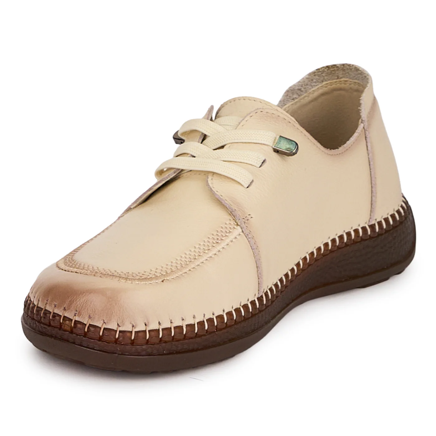 Pantofi casual dama din piele naturala crem cu siret elastic 18730 - Image 3
