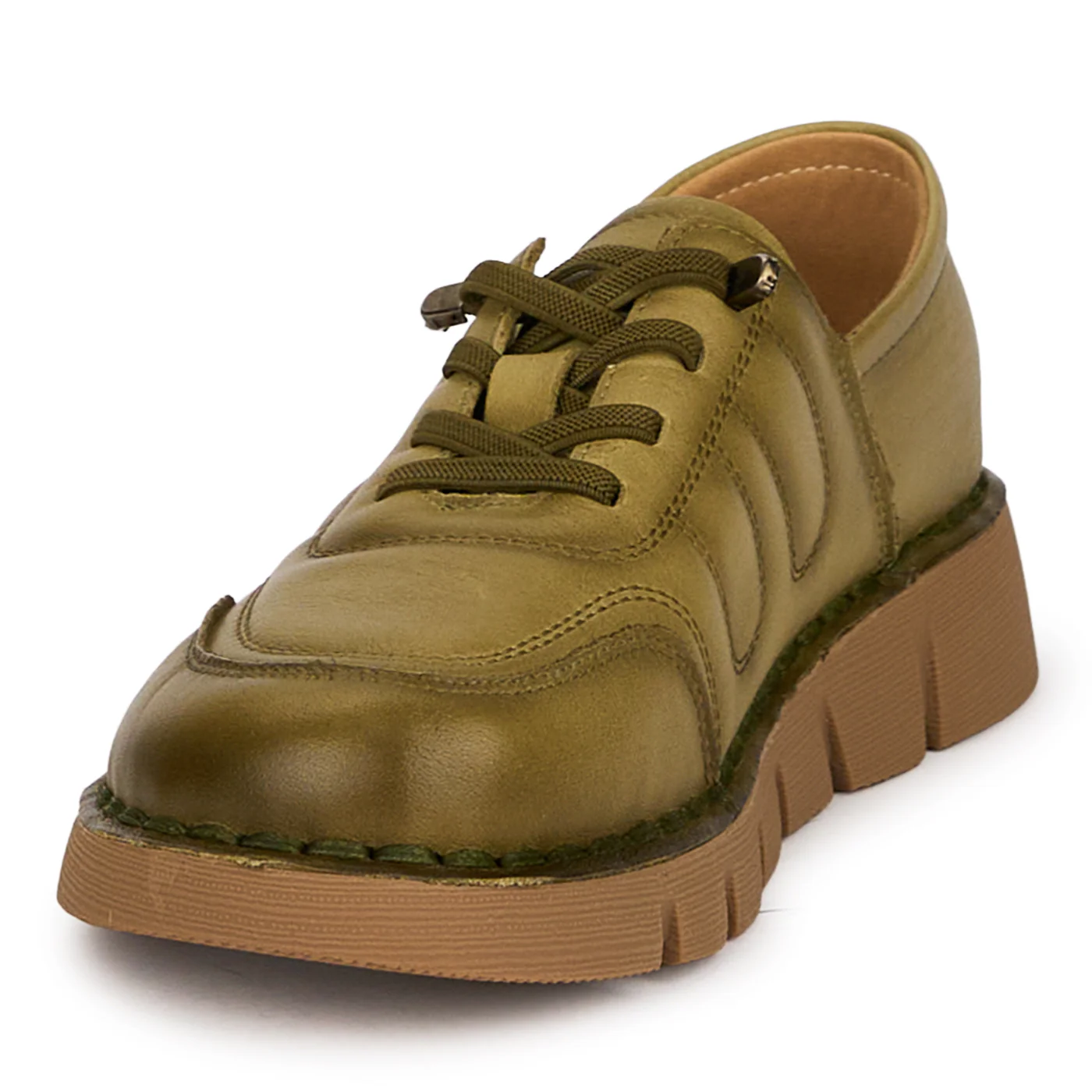 Pantofi casual dama din piele naturala kaki cu siret elastic 18723 - Image 3