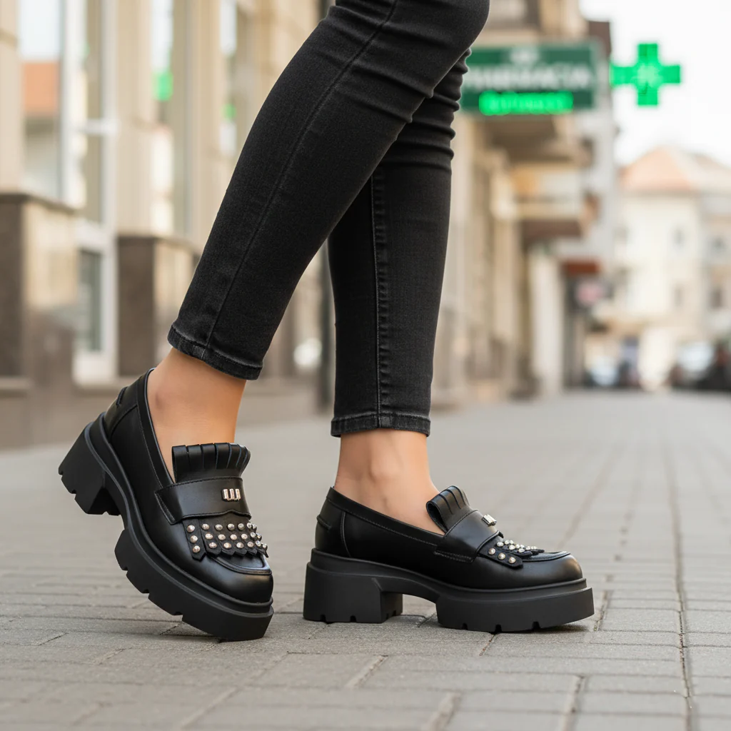 Pantofi casual damă din piele naturală neagra cu talpa inalta 5.5 cm 19645 - Image 5