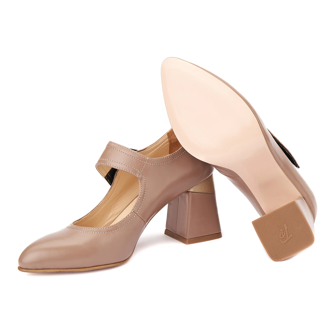 Pantofi cu Toc Gros si Bareta pe Glezna din Piele Naturala Bej 4383 - Image 3