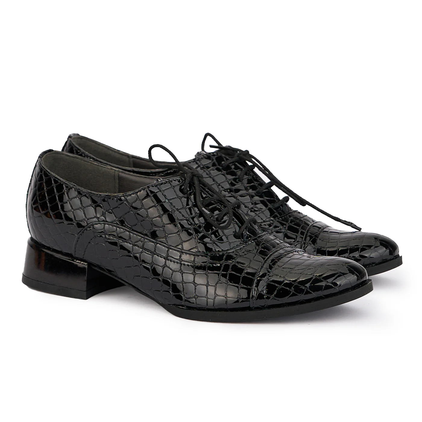 Pantofi dama cu siret din piele naturala neagra cu toc mic 3 cm 16822 - Image 4