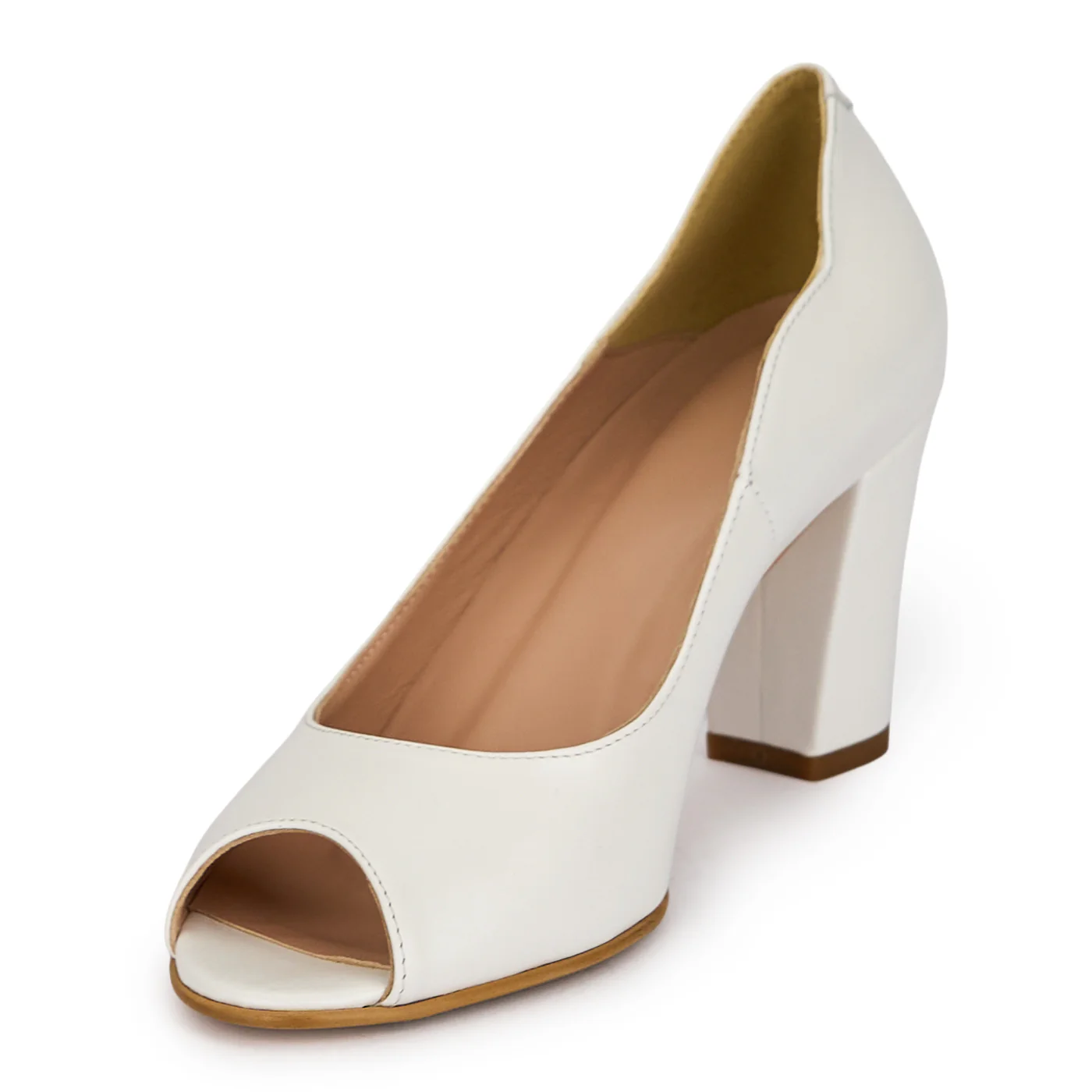 Pantofi dama decupati din piele naturala alba cu toc gros 7.5 cm 19671 - Image 3