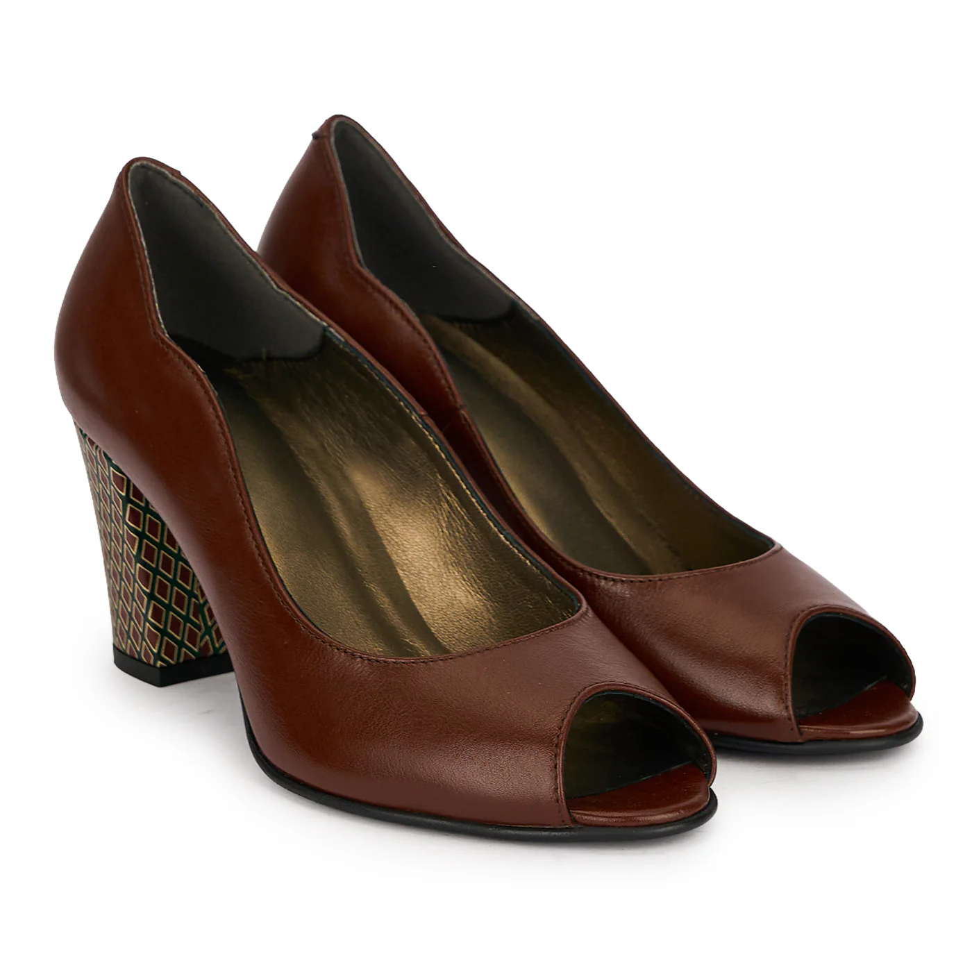 Pantofi dama decupati din piele naturala maro cu toc gros 7.5 cm 19670 - Image 4