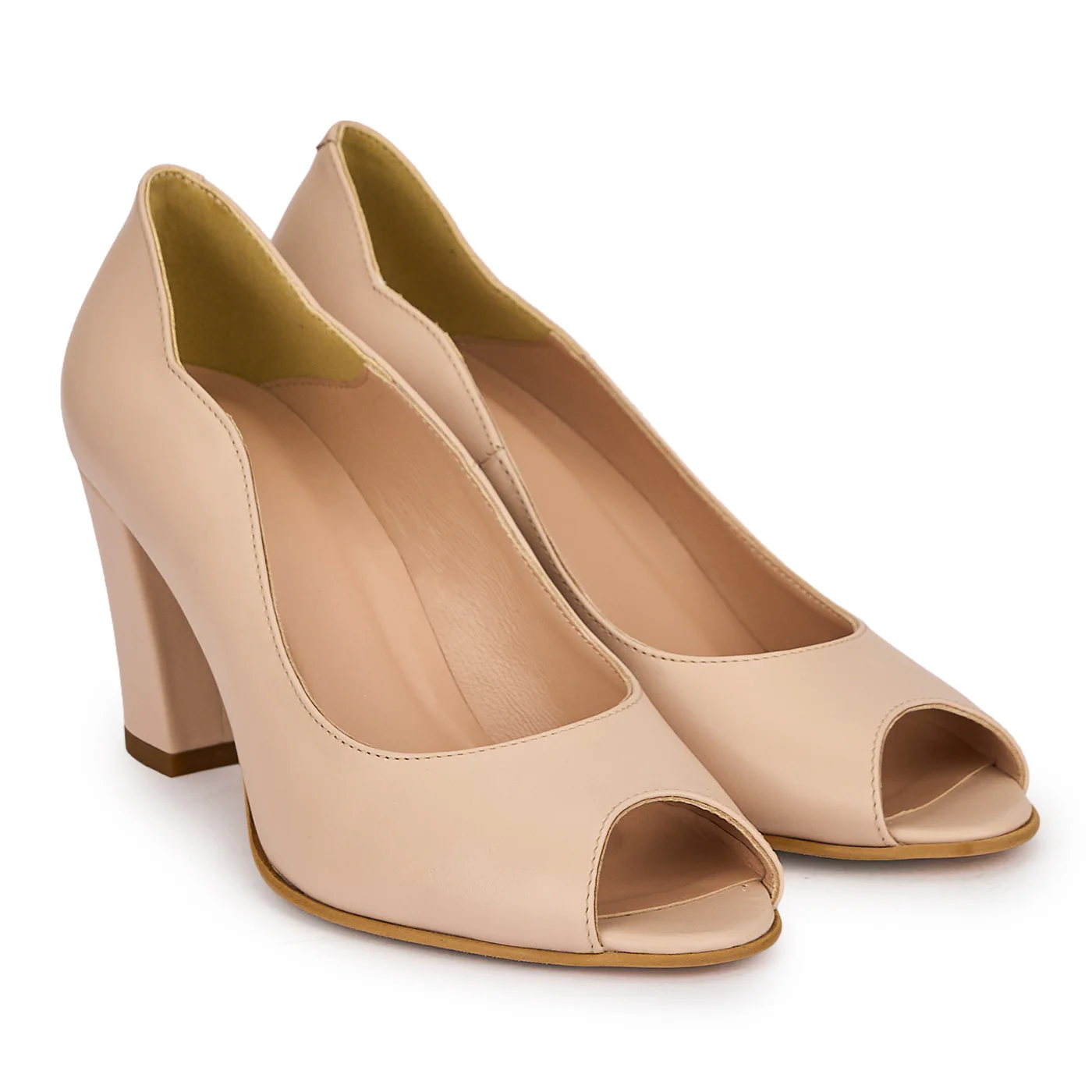 Pantofi dama decupati din piele naturala roz pudra cu toc gros 7.5 cm 19672 - Image 4