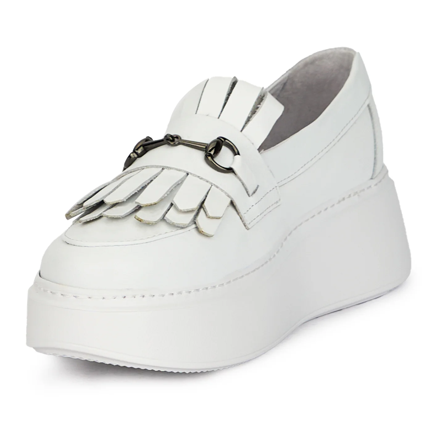 Pantofi dama din piele naturala alba cu accesoriu metalic 17647 - Image 3
