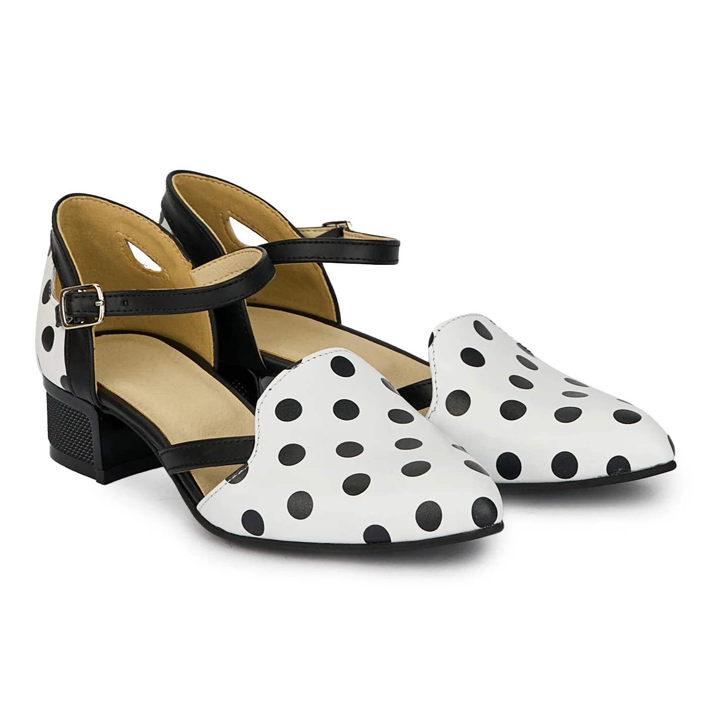 Pantofi dama din piele naturala alba cu buline negre cu toc mic 3 cm 18173 - Image 4