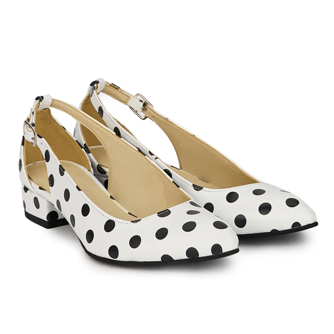 Pantofi dama din piele naturala alba cu buline negre cu toc mic 3 cm 18281 - Image 4