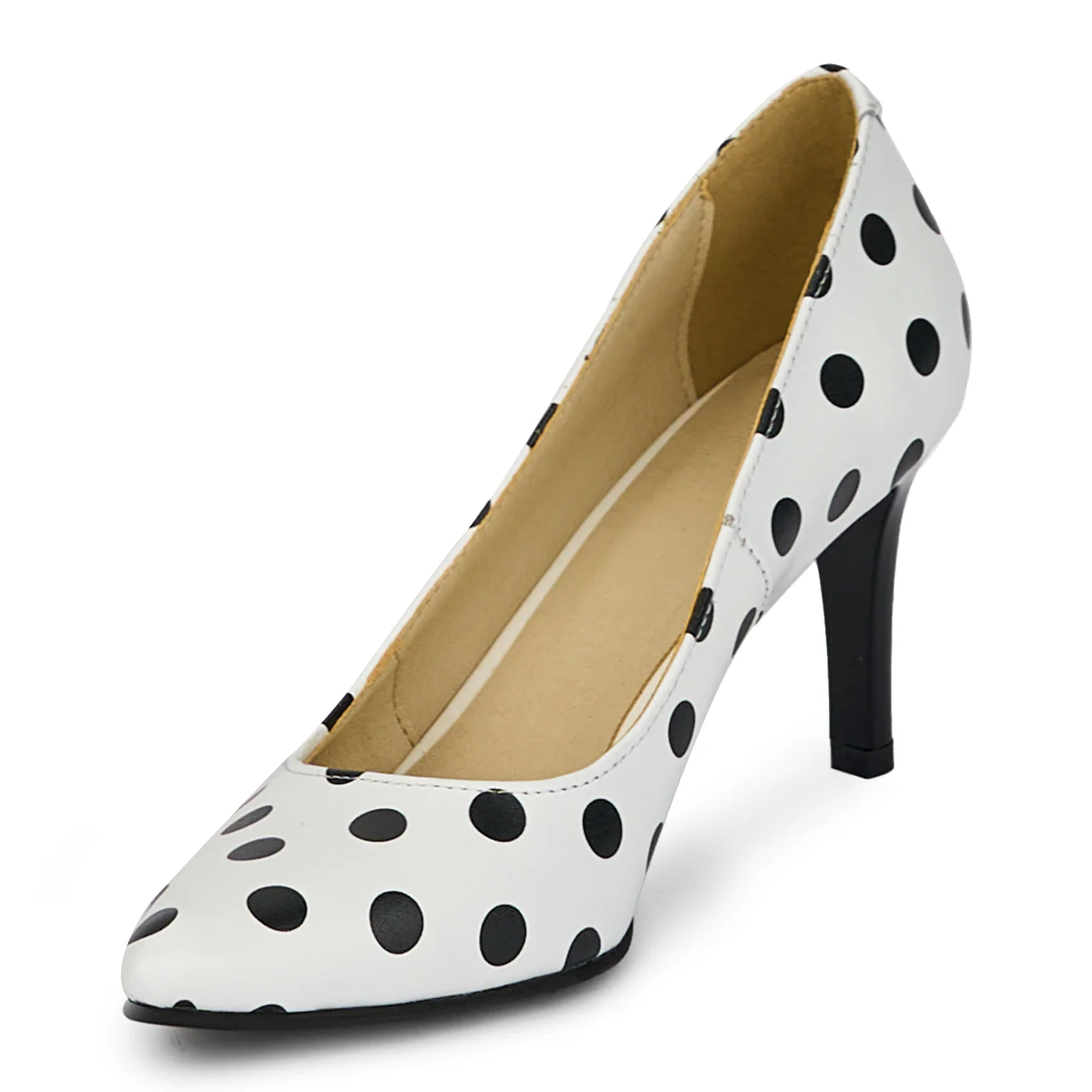 Pantofi dama din piele naturala alba cu buline negre cu toc subtire 7.5 cm 18163 - Image 3