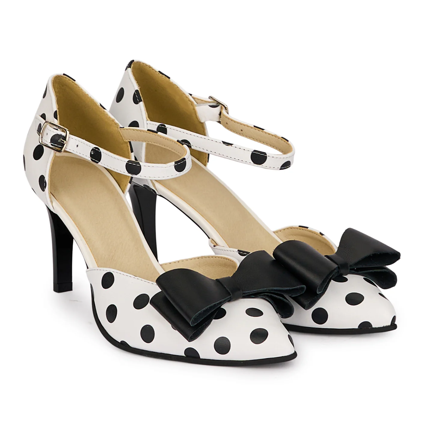 Pantofi dama din piele naturala alba cu buline negre cu toc subtire 7.5 cm 18634 - Image 4