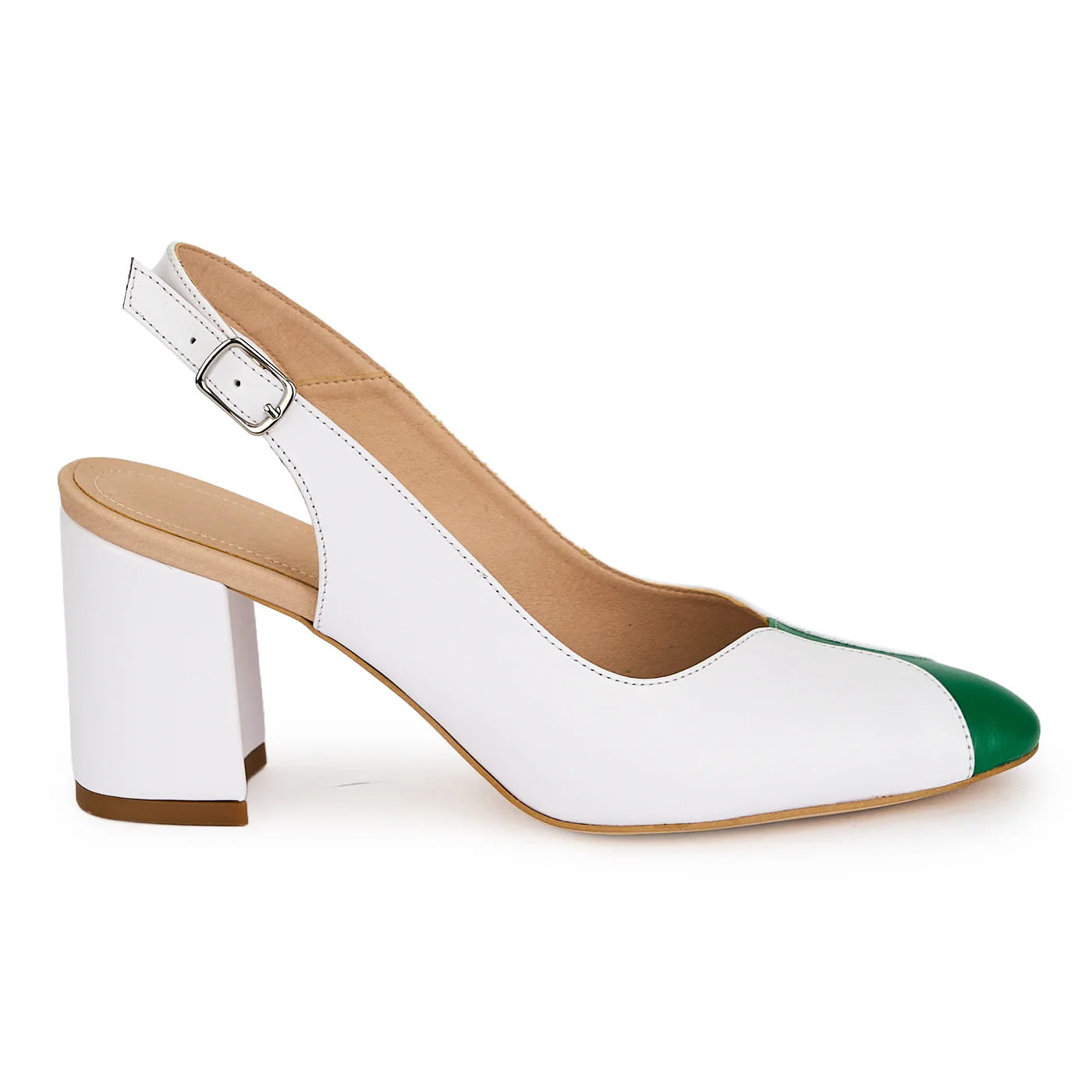 Pantofi dama din piele naturala alba cu toc gros 7 cm 19624