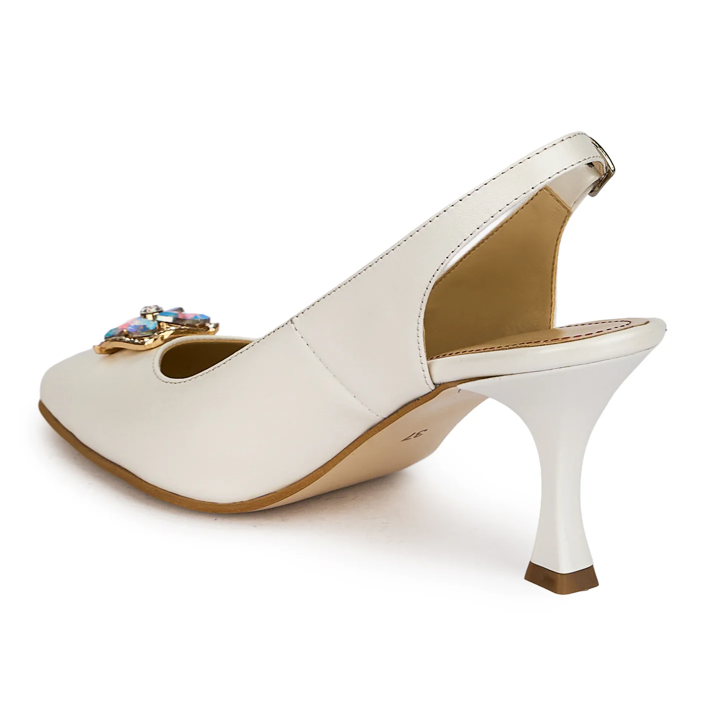 Pantofi dama din piele naturala alba cu toc subtire 7.5 cm 19859 - Image 2