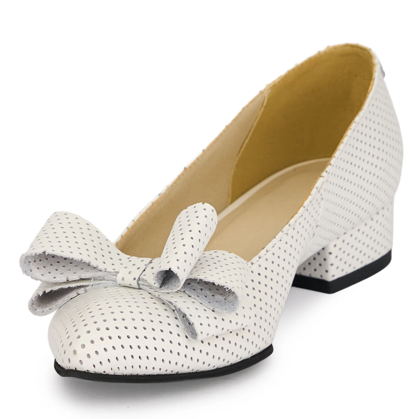 Pantofi dama din piele naturala alba perforata cu toc gros 3 cm 18884 - Image 3