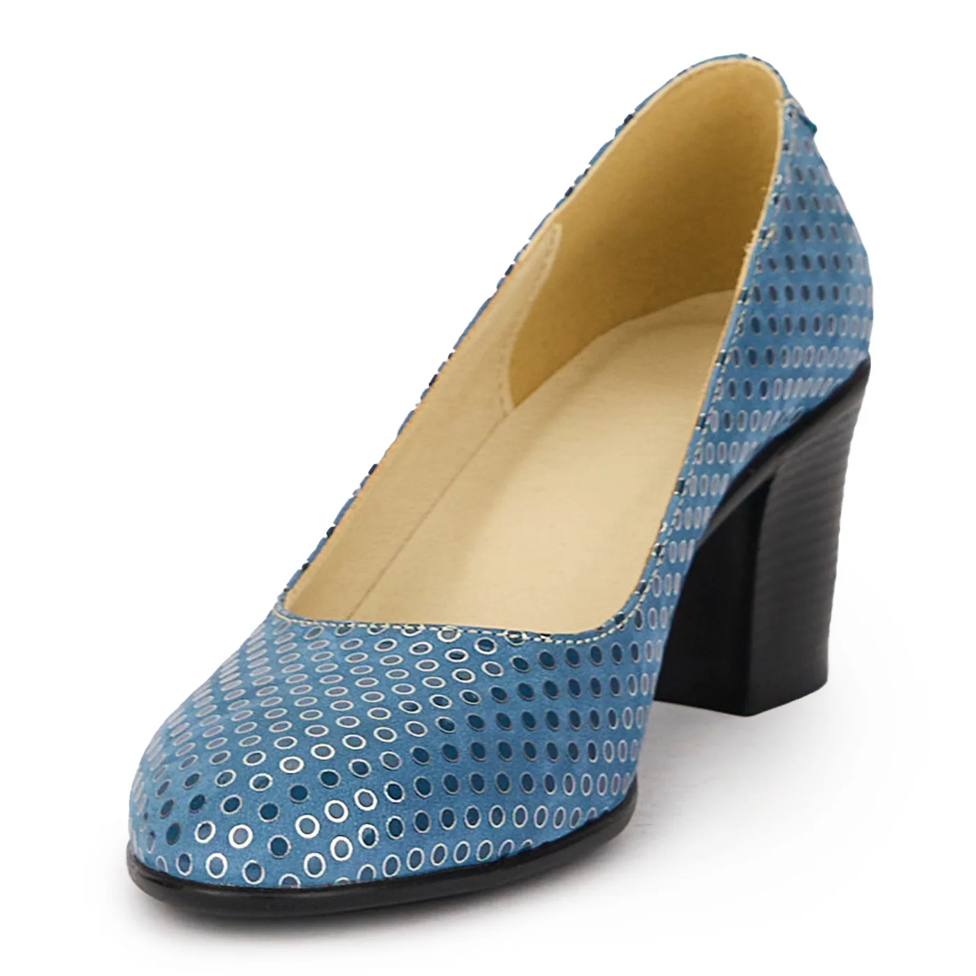 Pantofi dama din piele naturala albastra cu toc gros 6 cm 16036 - Image 3