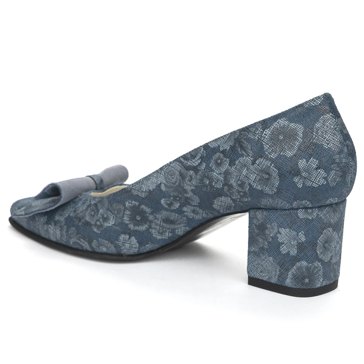 Pantofi dama din piele naturala albastra floral cu toc gros 6 cm 13906 - Image 2