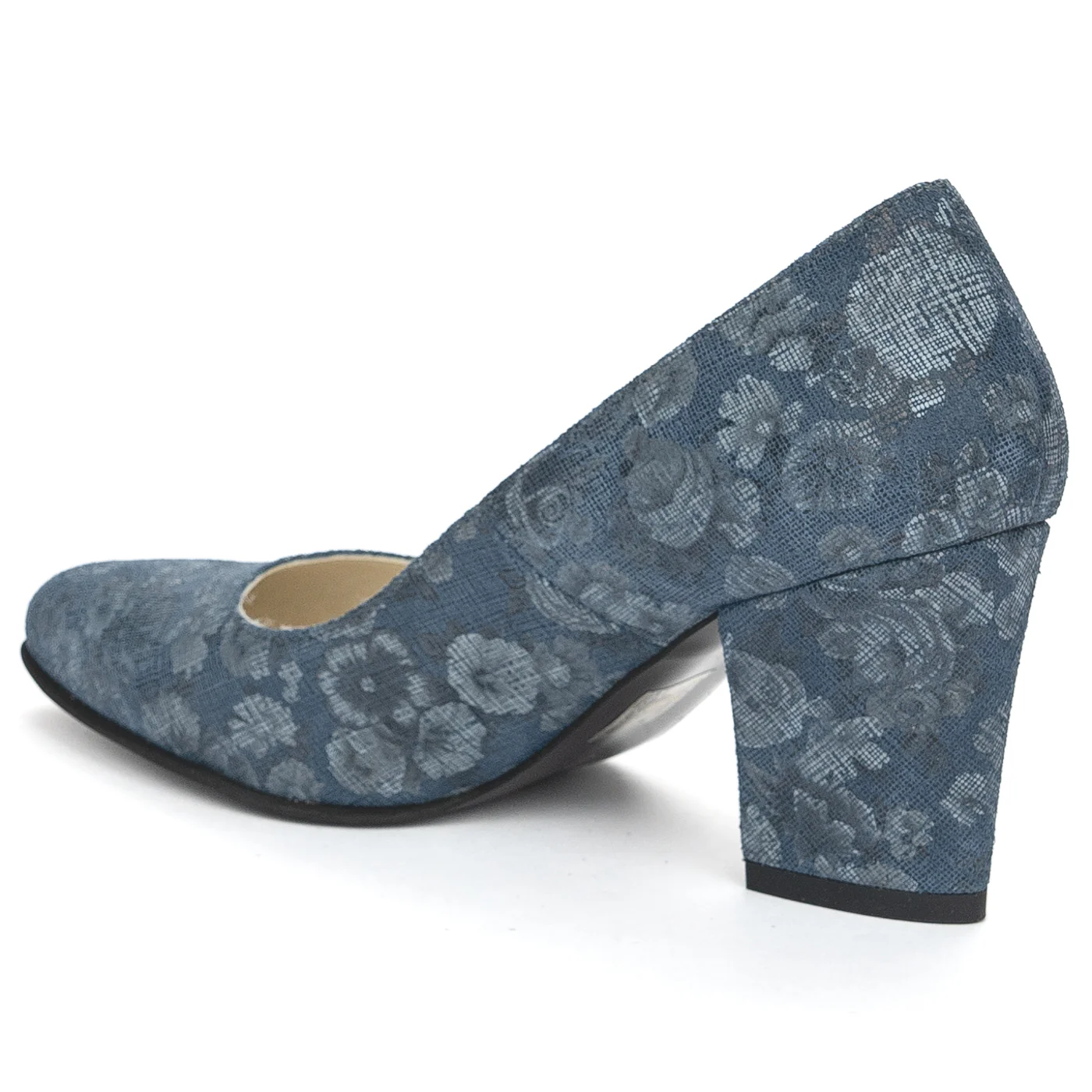 Pantofi dama din piele naturala albastru floral cu toc gros 8 cm 13898 - Image 2