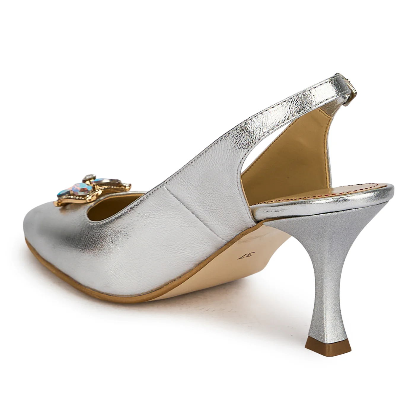Pantofi dama din piele naturala arginite cu toc subtire 7.5 cm 19857 - Image 2