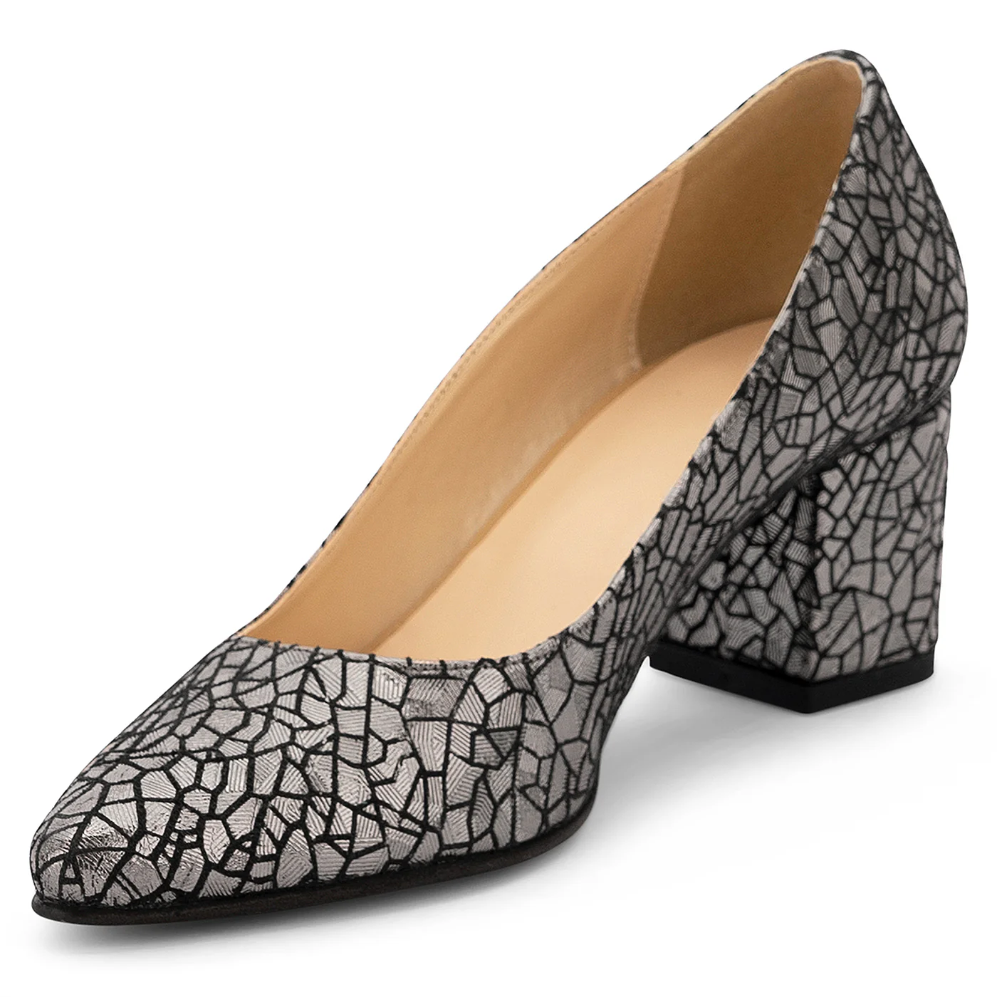 Pantofi dama din piele naturala argintie cu toc gros 6 cm 14147 - Image 3