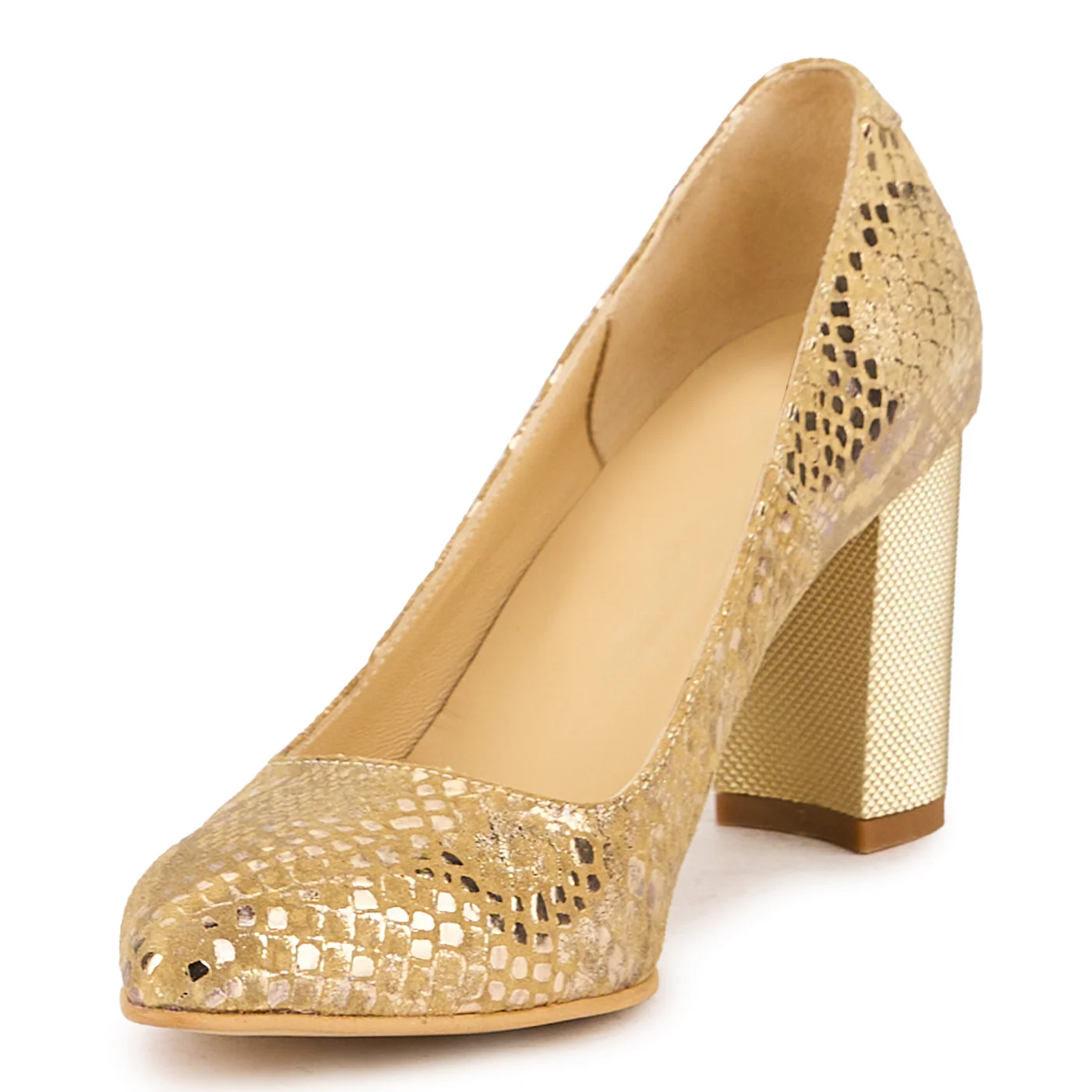 Pantofi dama din piele naturala aurie cu toc gros 7.5 cm 16744 - Image 3