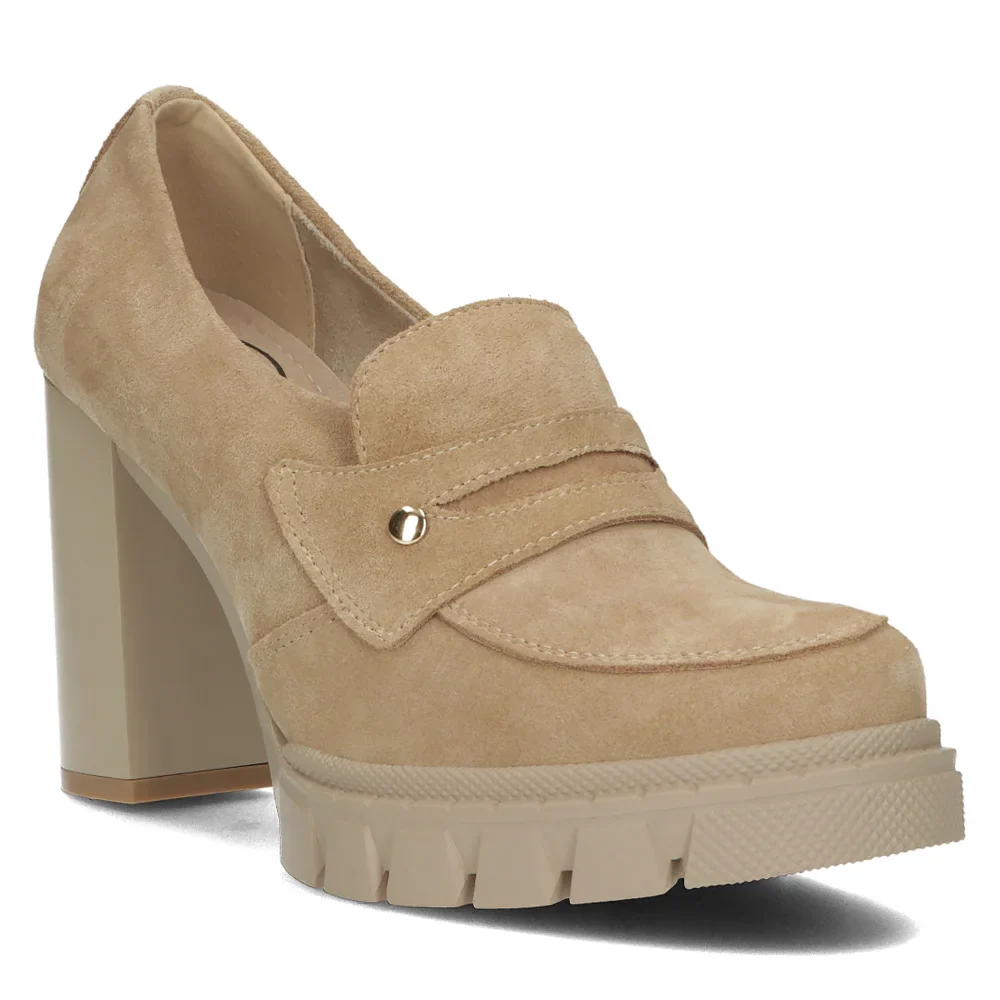 Pantofi dama din piele naturala bej cu toc gros 10 cm 14583 - Image 2