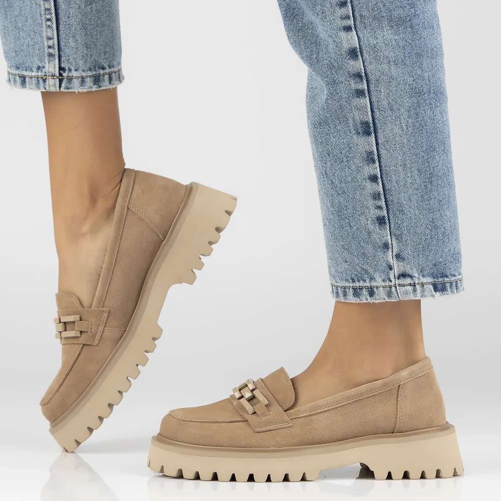 Pantofi dama din piele naturala bej cu toc gros 6 cm 14148 - Image 3