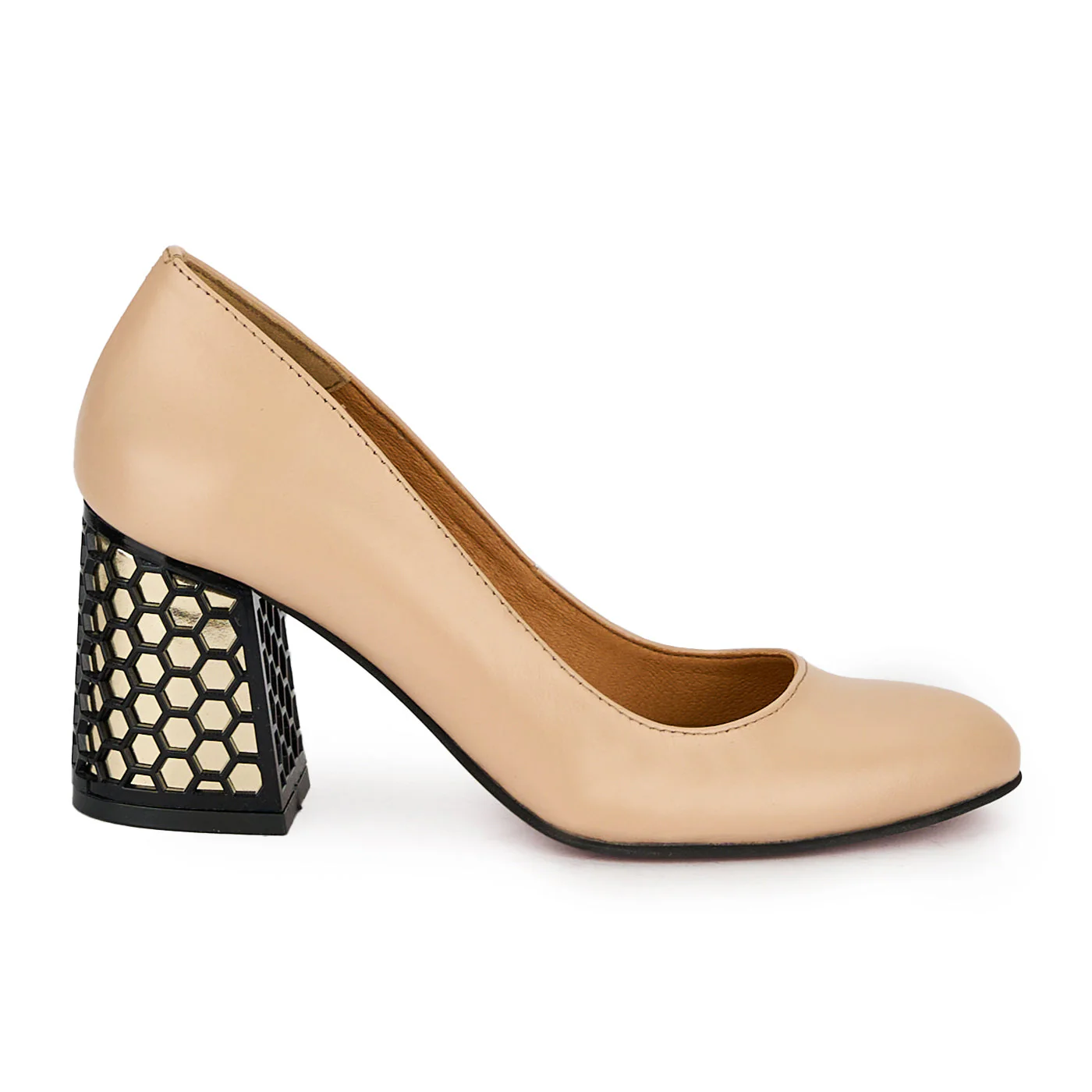 Pantofi dama din piele naturala bej cu toc gros 8 cm 17578