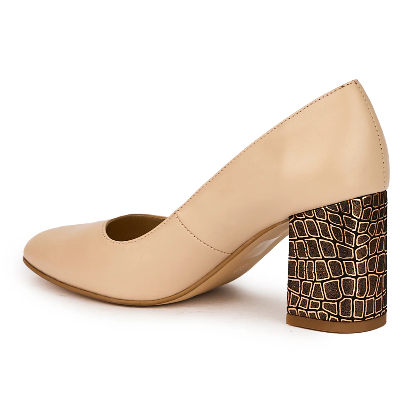 Pantofi dama din piele naturala bej-nude cu toc gros 7.5 cm 16006 - Image 2