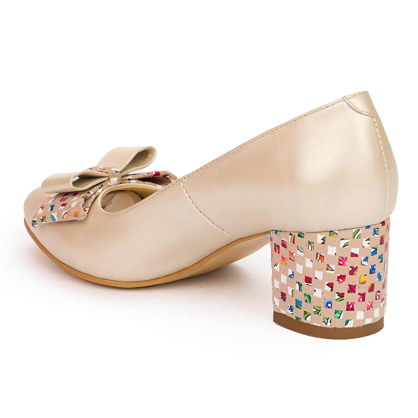 Pantofi dama din piele naturala bej sidefat cu toc gros 6 cm 13800 - Image 2