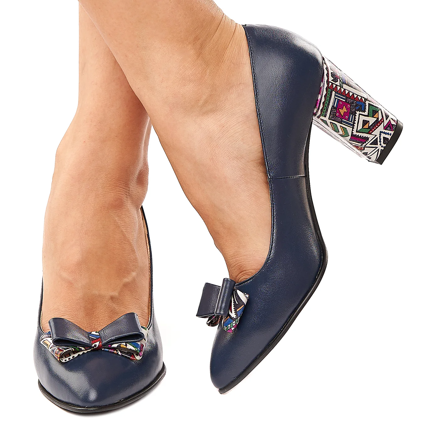 Pantofi dama din piele naturala bleumarin cu toc colorat 4198 - Image 3