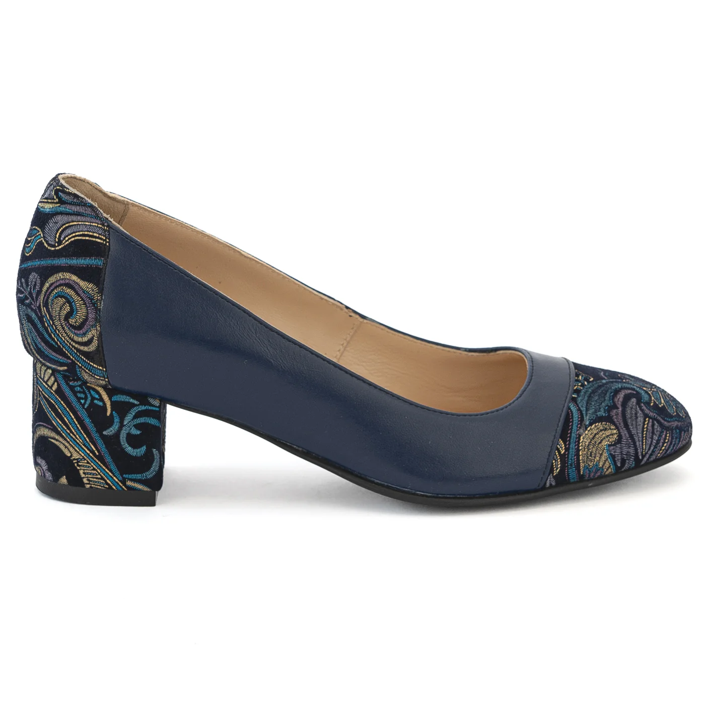 Pantofi dama din piele naturala bleumarin cu toc gros 13991