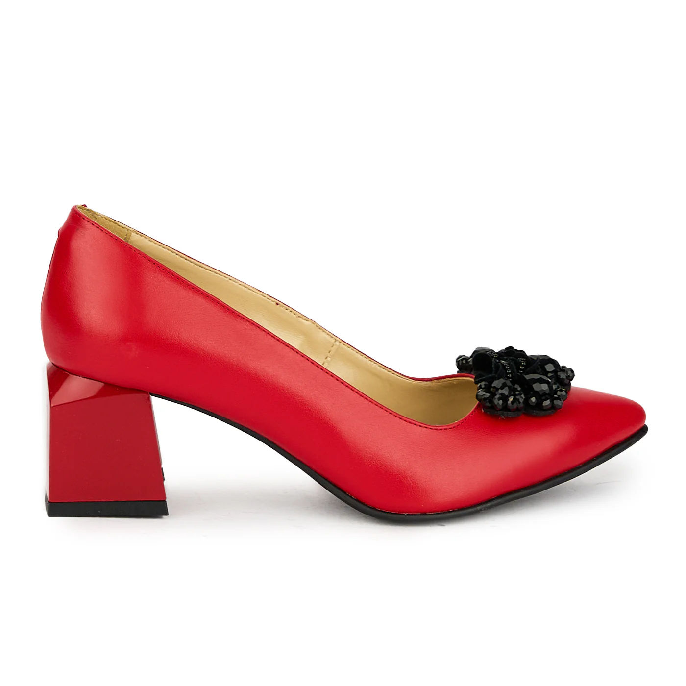 Pantofi dama din piele naturala rosie cu toc gros 17538