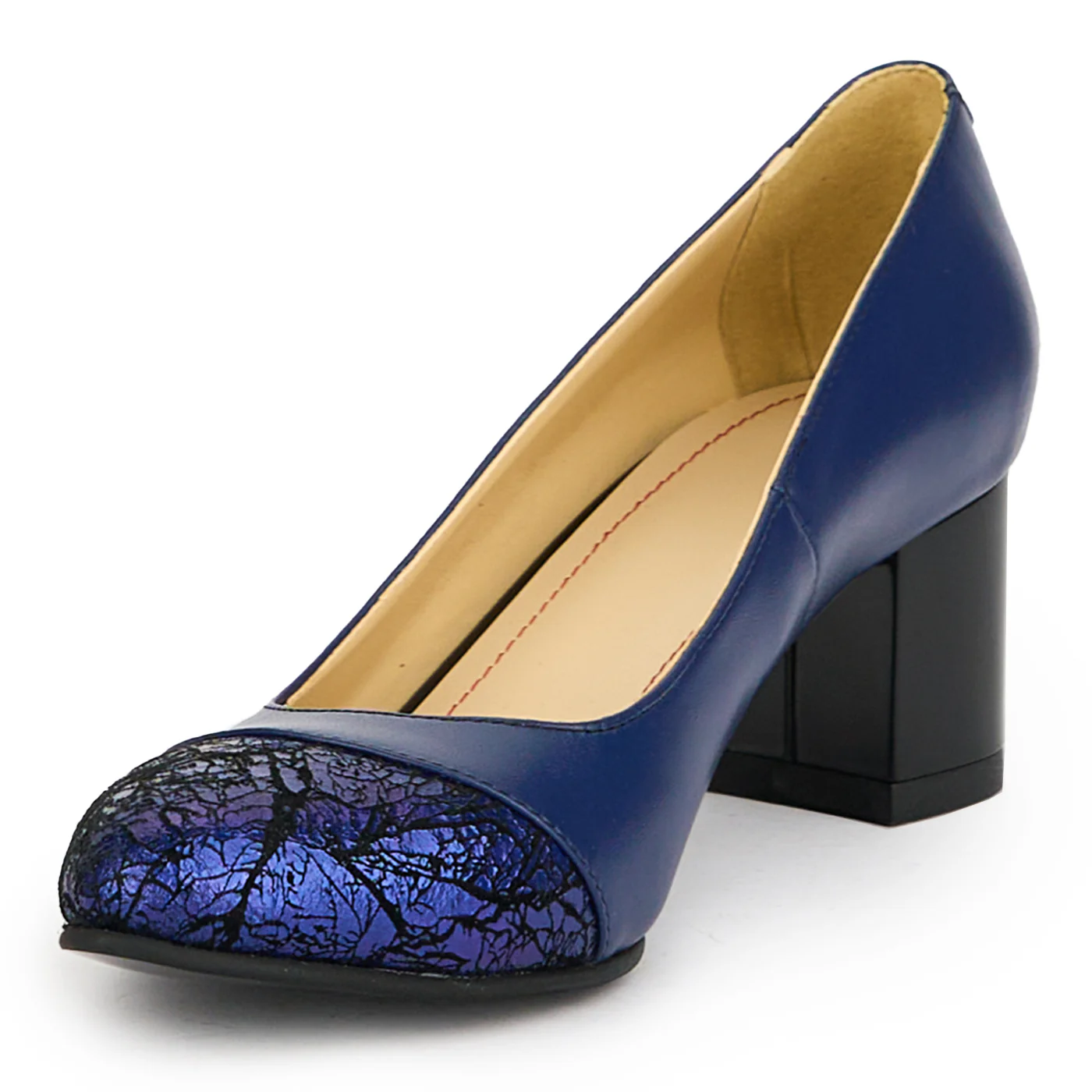 Pantofi dama din piele naturala bleumarin cu toc gros 6 cm 15031 - Image 3