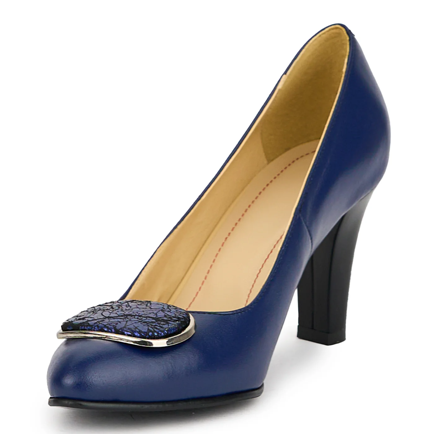 Pantofi dama din piele naturala bleumarin cu toc gros 7.5 cm 15016 - Image 3