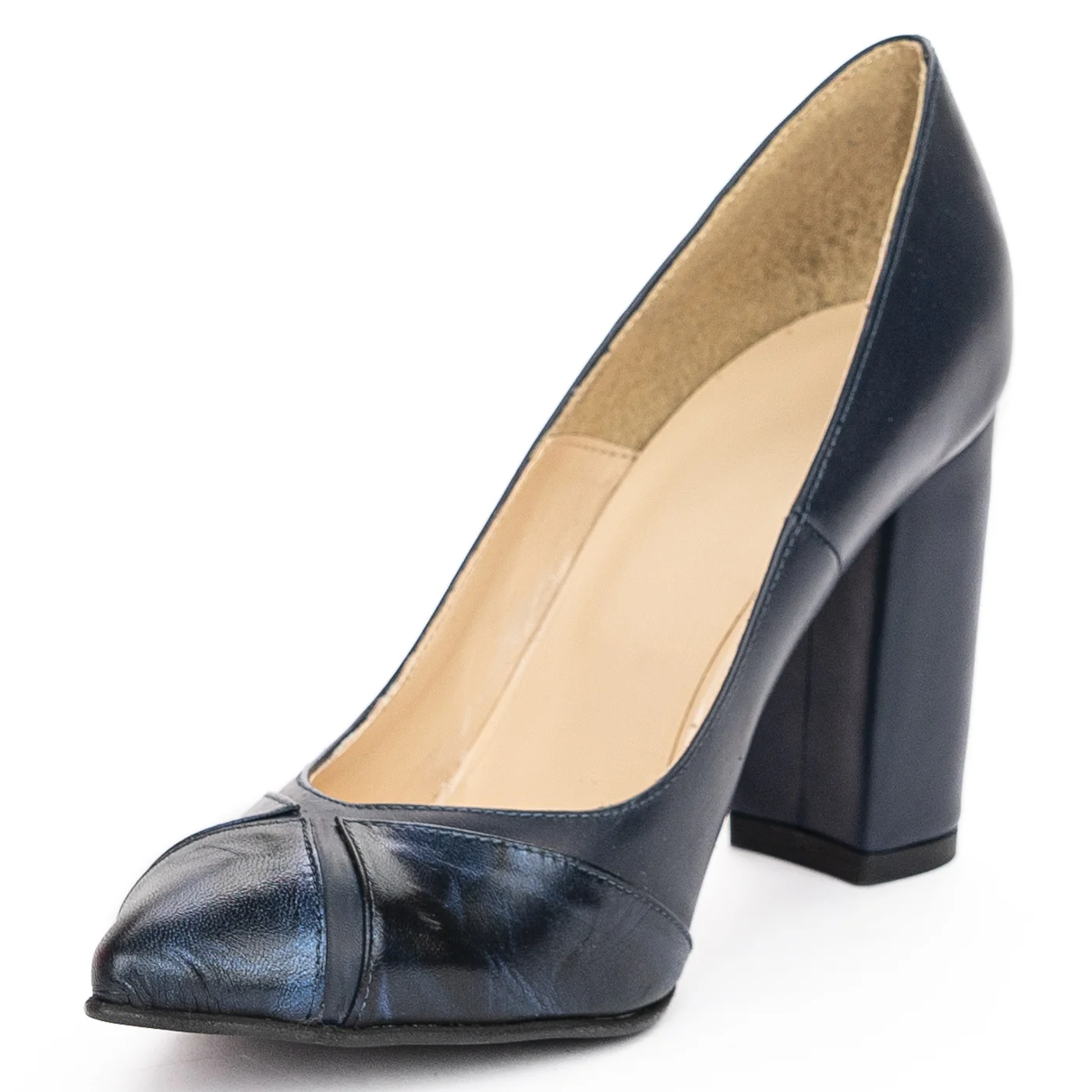 Pantofi dama din piele naturala bleumarin cu toc gros 9 cm 13938 - Image 3