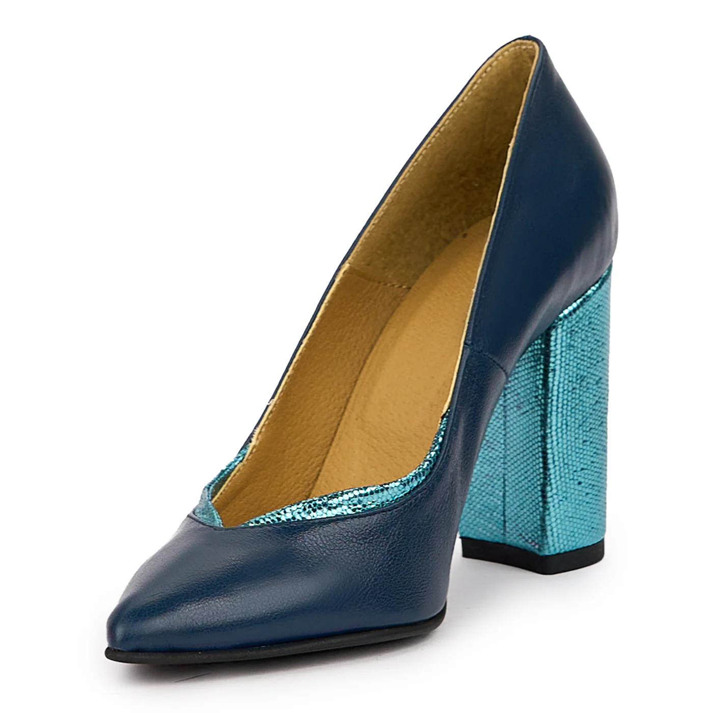 Pantofi dama din piele naturala bleumarin cu toc gros 9 cm 14415 - Image 3