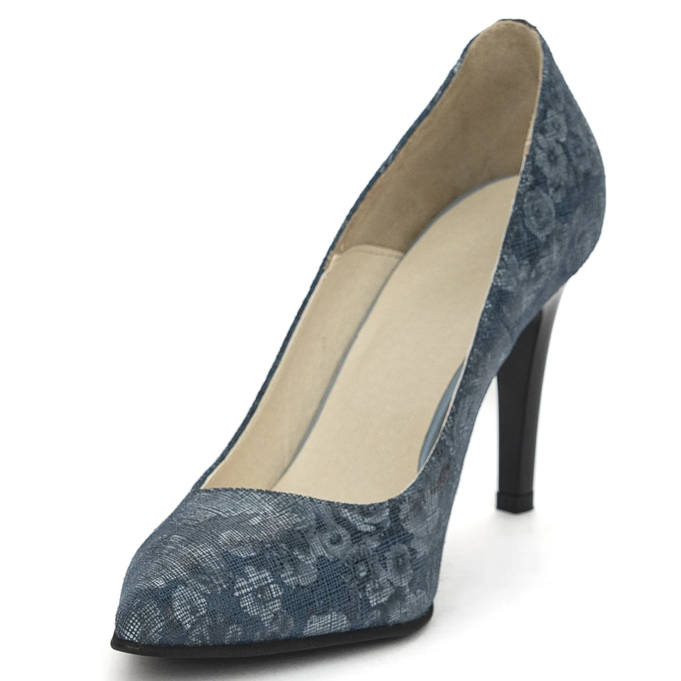 Pantofi dama din piele naturala bleumarin floral cu toc subtire 10 cm 13848 - Image 3