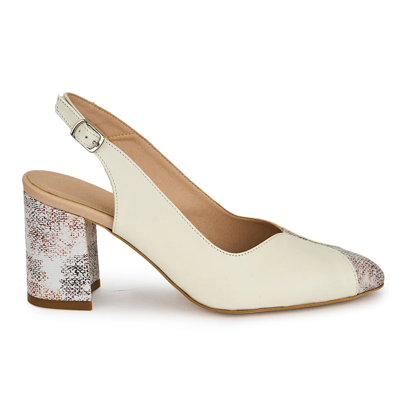 Pantofi dama din piele naturala crem cu toc gros 7 cm 19415