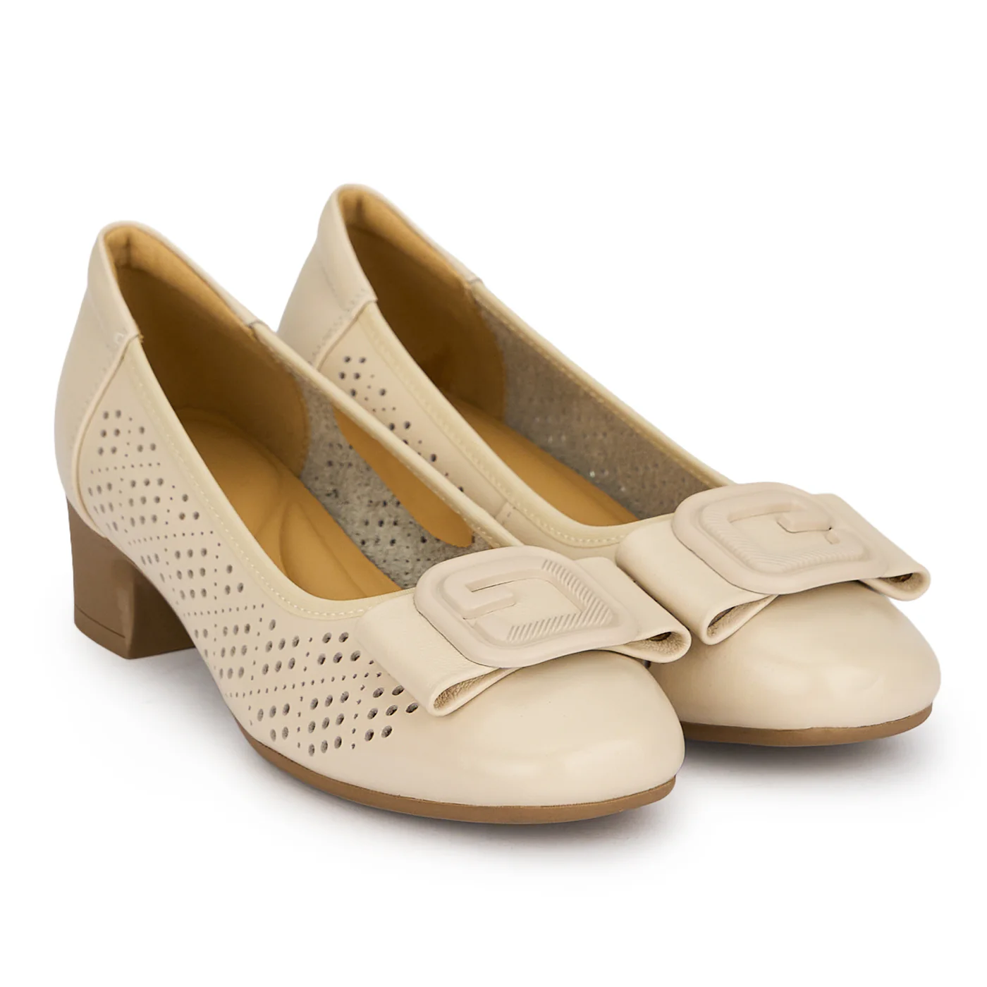 Pantofi dama din piele naturala crem perforata cu toc gros 3.5 cm 19591 - Image 4