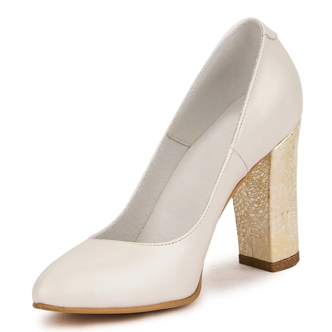 Pantofi dama din piele naturala crem sidefat cu toc gros 9.5 cm 16748 - Image 3